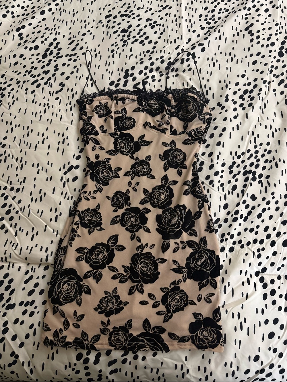 Women’s Beige Slip Dress with Black Rose Print